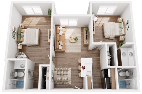 Floor plan for 2 beds, 2 baths, 738 sqft